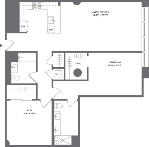 Floor plan for 1 bed, 2 baths, 1332 sqft